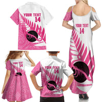 New Zealand Lawn Bowls Breast Cancer Custom Family Matching Summer Maxi Dress and Hawaiian Shirt Aotearoa Maori Silver Fern Pink Ribbon - Polynesian Pride