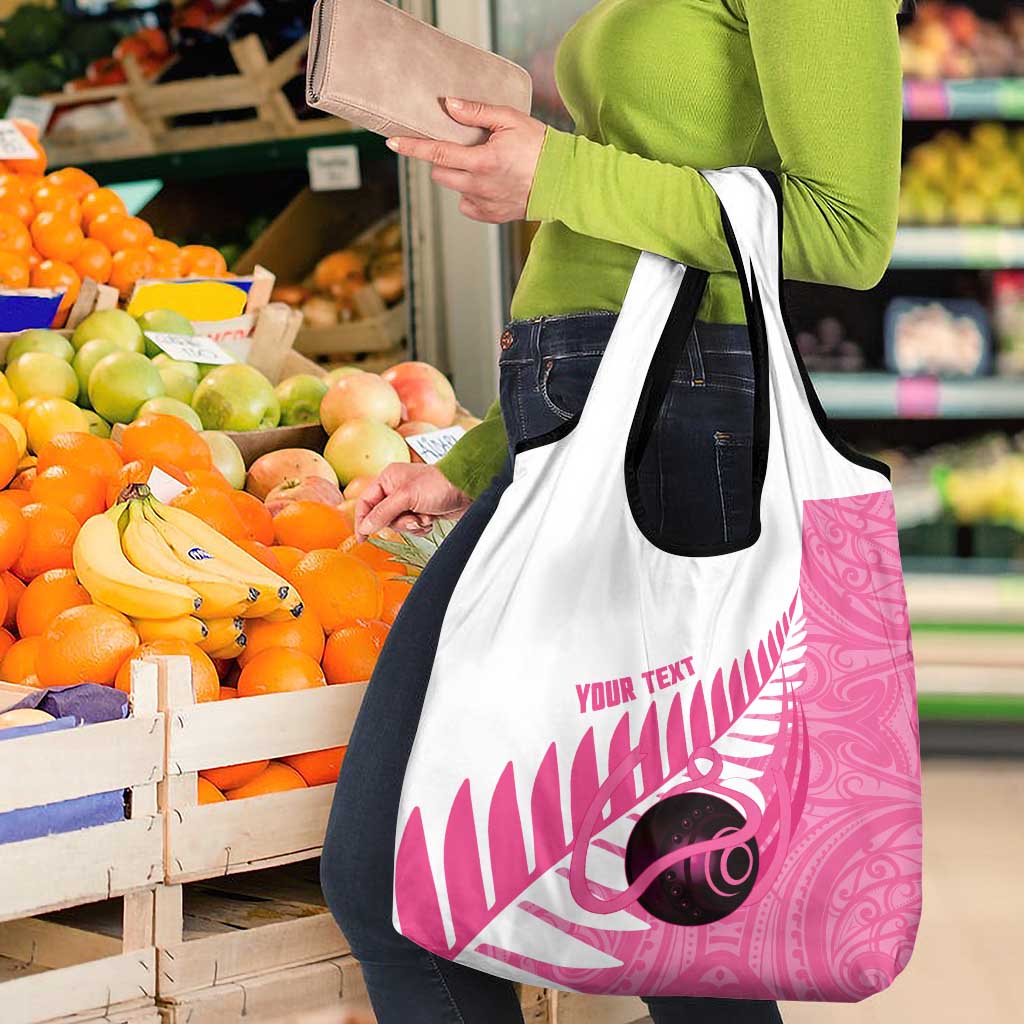 New Zealand Lawn Bowls Breast Cancer Custom Grocery Bag Aotearoa Maori Silver Fern Pink Ribbon - Polynesian Pride