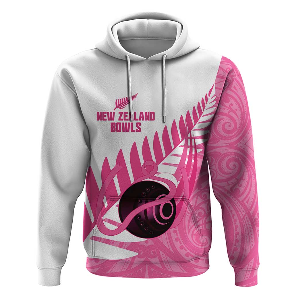 New Zealand Lawn Bowls Breast Cancer Custom Hoodie Aotearoa Maori Silver Fern Pink Ribbon - Polynesian Pride