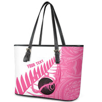 New Zealand Lawn Bowls Breast Cancer Custom Leather Tote Bag Aotearoa Maori Silver Fern Pink Ribbon - Polynesian Pride
