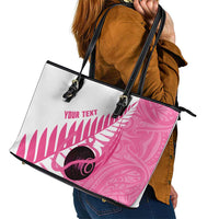 New Zealand Lawn Bowls Breast Cancer Custom Leather Tote Bag Aotearoa Maori Silver Fern Pink Ribbon - Polynesian Pride