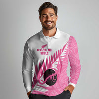 New Zealand Lawn Bowls Breast Cancer Custom Long Sleeve Polo Shirt Aotearoa Maori Silver Fern Pink Ribbon - Polynesian Pride
