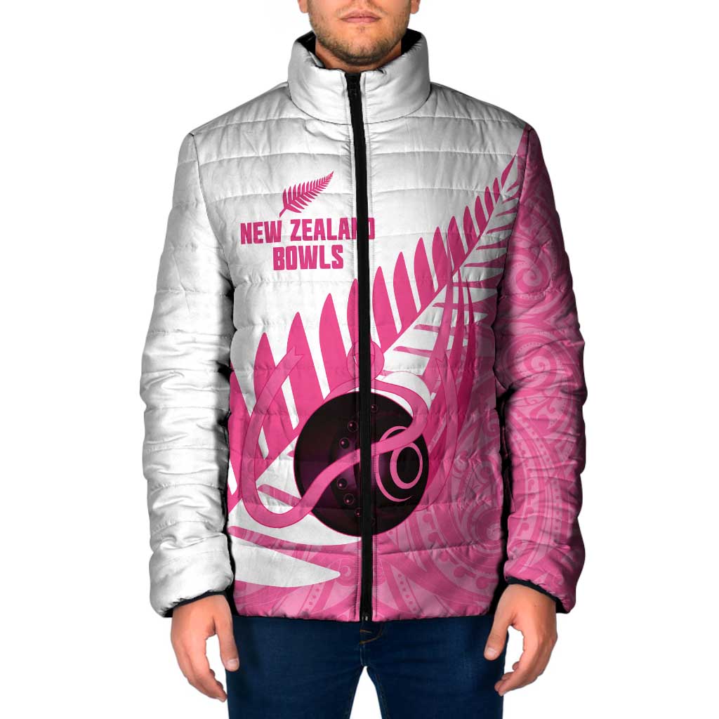 New Zealand Lawn Bowls Breast Cancer Custom Padded Jacket Aotearoa Maori Silver Fern Pink Ribbon - Polynesian Pride