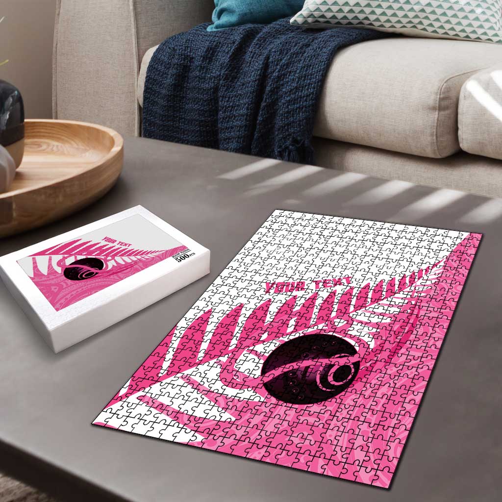 New Zealand Lawn Bowls Breast Cancer Custom Puzzle Aotearoa Maori Silver Fern Pink Ribbon - Polynesian Pride