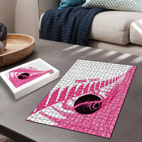 New Zealand Lawn Bowls Breast Cancer Custom Puzzle Aotearoa Maori Silver Fern Pink Ribbon - Polynesian Pride