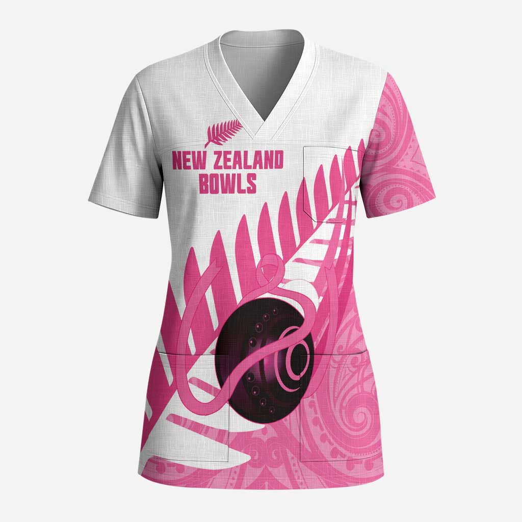 New Zealand Lawn Bowls Breast Cancer Custom Scrub Top Aotearoa Maori Silver Fern Pink Ribbon - Polynesian Pride