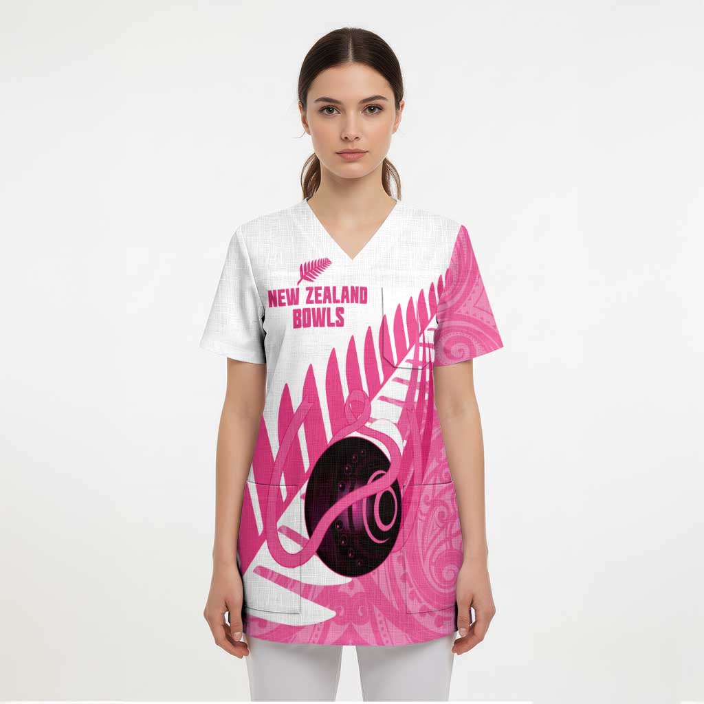 New Zealand Lawn Bowls Breast Cancer Custom Scrub Top Aotearoa Maori Silver Fern Pink Ribbon - Polynesian Pride