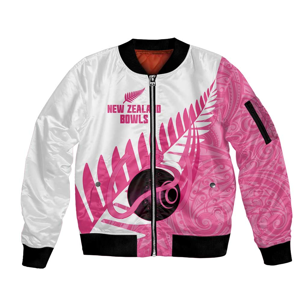 New Zealand Lawn Bowls Breast Cancer Custom Sleeve Zip Bomber Jacket Aotearoa Maori Silver Fern Pink Ribbon - Polynesian Pride