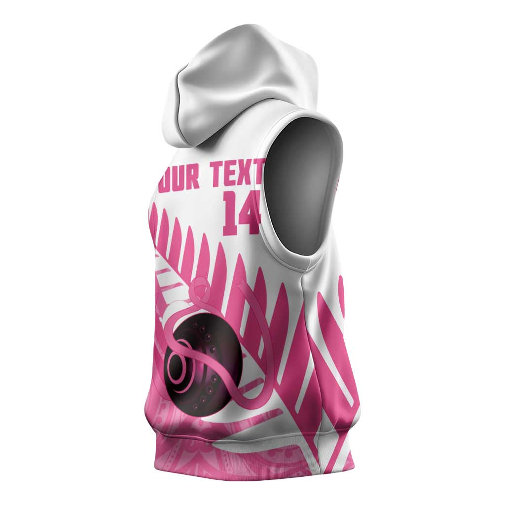 New Zealand Lawn Bowls Breast Cancer Custom Sleeveless Hoodie Aotearoa Maori Silver Fern Pink Ribbon - Polynesian Pride