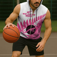 New Zealand Lawn Bowls Breast Cancer Custom Sleeveless Zip Hoodie Aotearoa Maori Silver Fern Pink Ribbon - Polynesian Pride