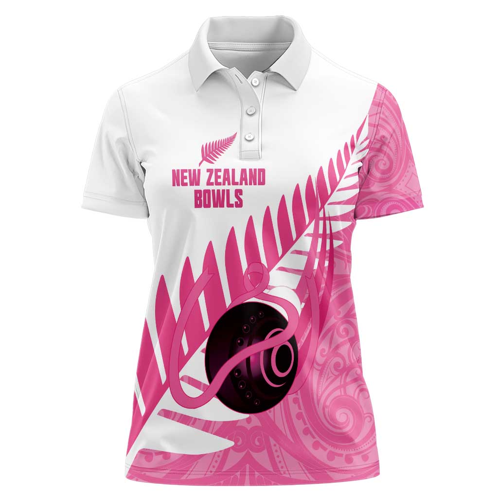 New Zealand Lawn Bowls Breast Cancer Custom Women Polo Shirt Aotearoa Maori Silver Fern Pink Ribbon - Polynesian Pride