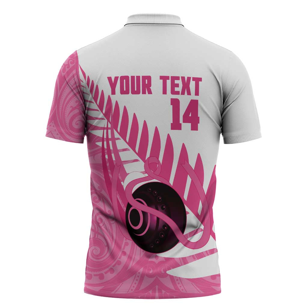 New Zealand Lawn Bowls Breast Cancer Custom Zipper Polo Shirt Aotearoa Maori Silver Fern Pink Ribbon - Polynesian Pride