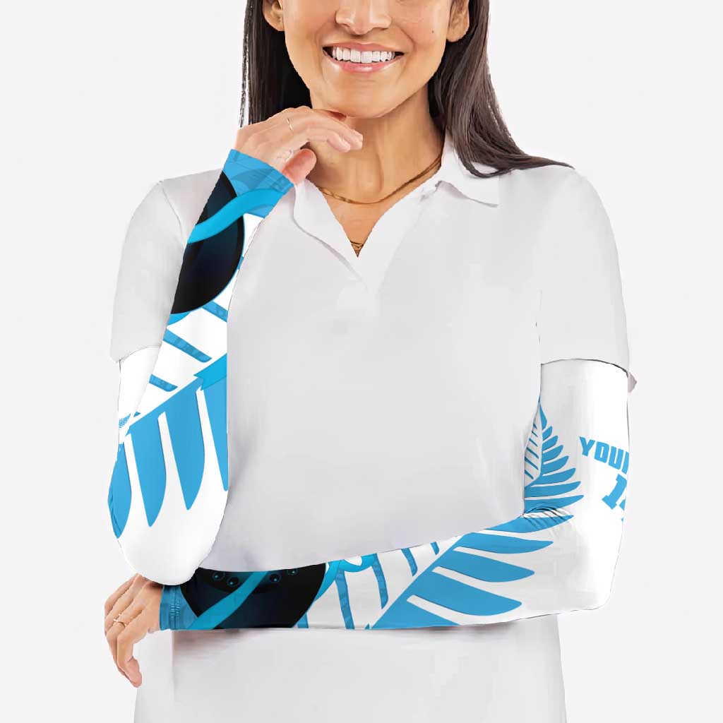 New Zealand Lawn Bowls Prostate Cancer Custom Arm Sleeves Aotearoa Maori Silver Fern Blue Ribbon - Polynesian Pride