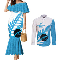 New Zealand Lawn Bowls Prostate Cancer Custom Couples Matching Mermaid Dress and Long Sleeve Button Shirt Aotearoa Maori Silver Fern Blue Ribbon - Polynesian Pride