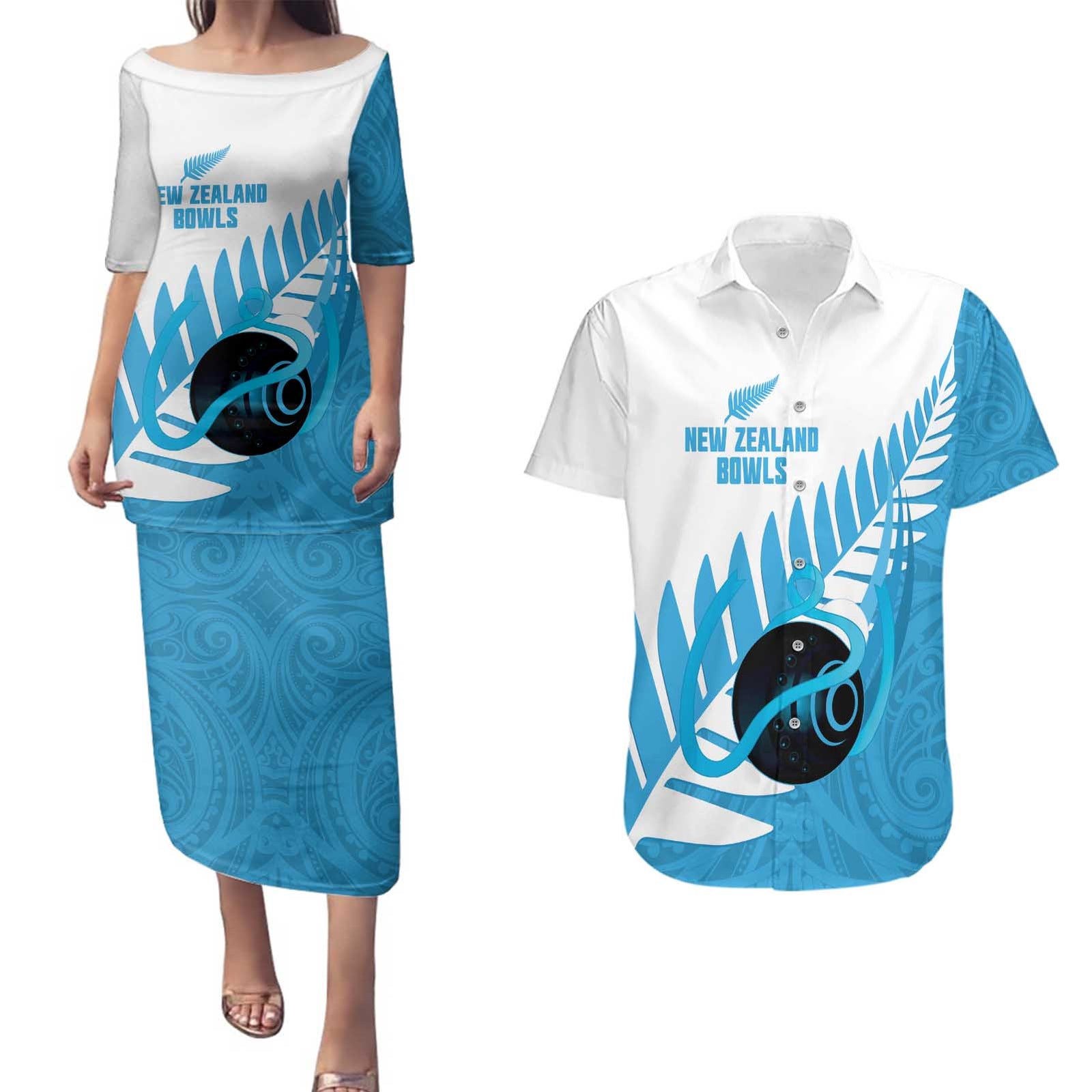 New Zealand Lawn Bowls Prostate Cancer Custom Couples Matching Puletasi and Hawaiian Shirt Aotearoa Maori Silver Fern Blue Ribbon - Polynesian Pride