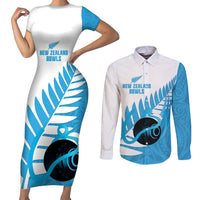 New Zealand Lawn Bowls Prostate Cancer Custom Couples Matching Short Sleeve Bodycon Dress and Long Sleeve Button Shirt Aotearoa Maori Silver Fern Blue Ribbon - Polynesian Pride