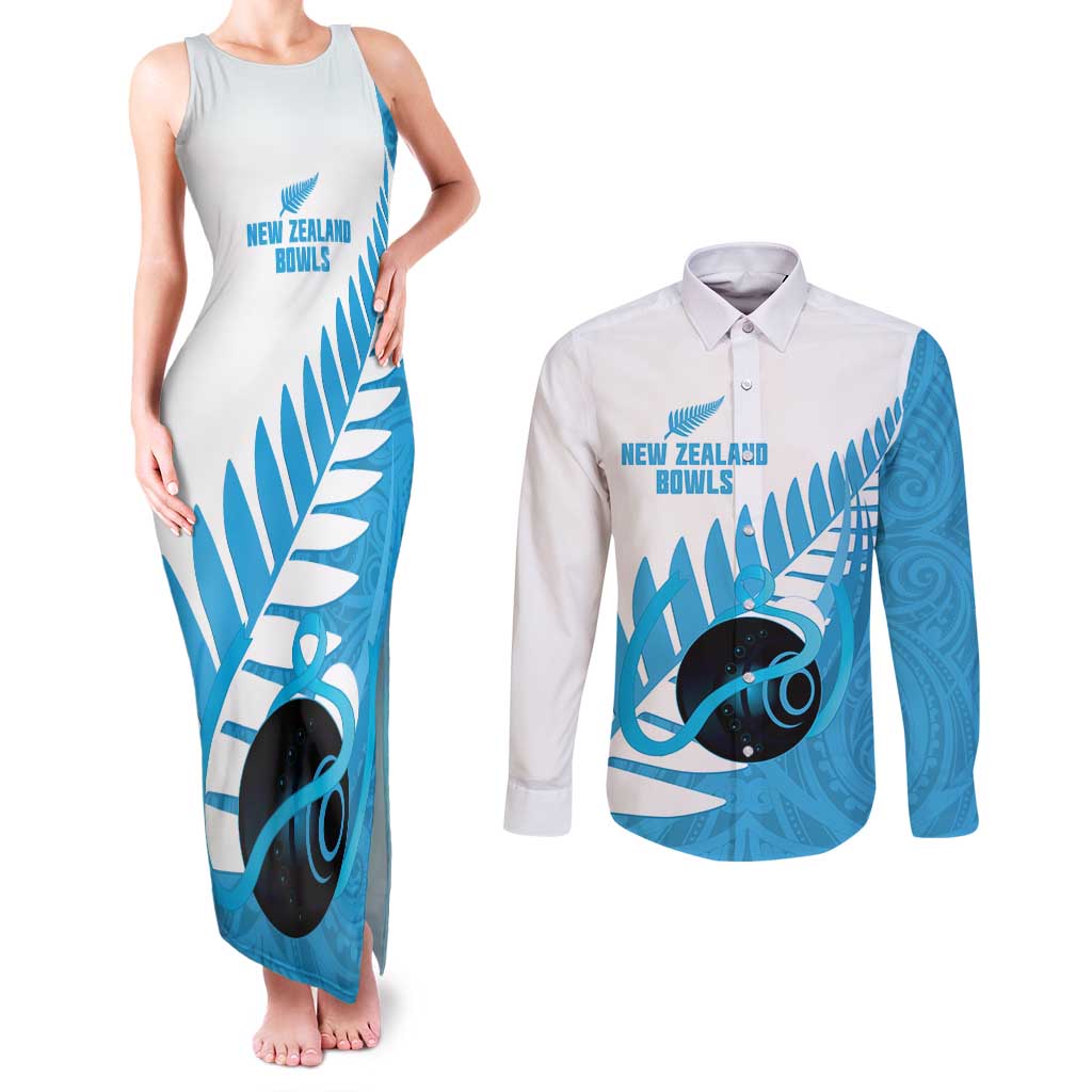 New Zealand Lawn Bowls Prostate Cancer Custom Couples Matching Tank Maxi Dress and Long Sleeve Button Shirt Aotearoa Maori Silver Fern Blue Ribbon - Polynesian Pride