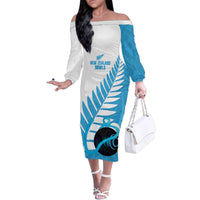 New Zealand Lawn Bowls Prostate Cancer Custom Family Matching Off The Shoulder Long Sleeve Dress and Hawaiian Shirt Aotearoa Maori Silver Fern Blue Ribbon - Polynesian Pride