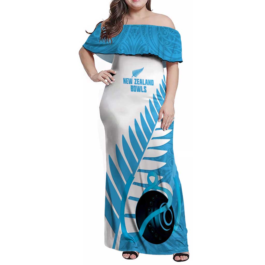New Zealand Lawn Bowls Prostate Cancer Custom Family Matching Off Shoulder Maxi Dress and Hawaiian Shirt Aotearoa Maori Silver Fern Blue Ribbon - Polynesian Pride