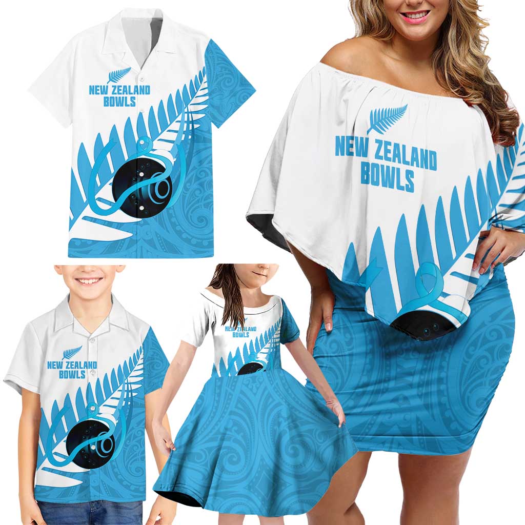 New Zealand Lawn Bowls Prostate Cancer Custom Family Matching Off Shoulder Short Dress and Hawaiian Shirt Aotearoa Maori Silver Fern Blue Ribbon - Polynesian Pride