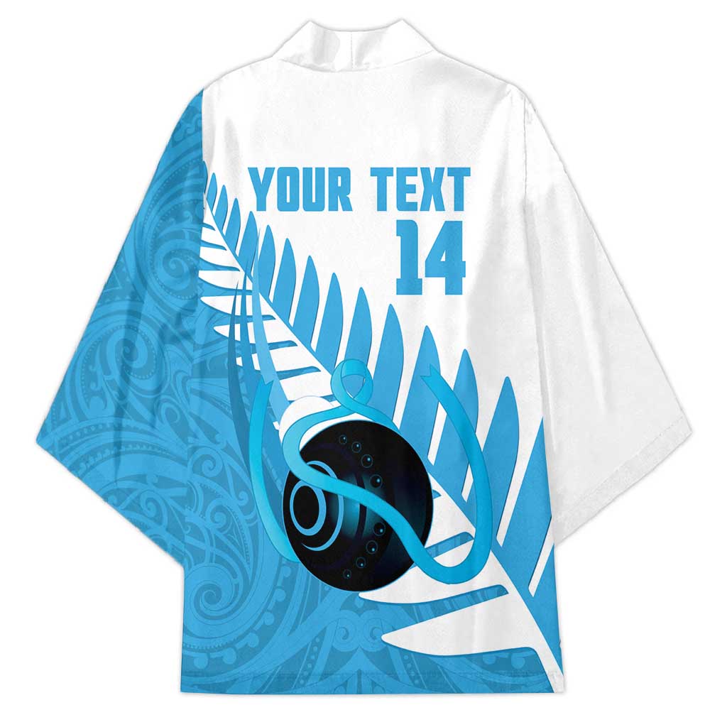 New Zealand Lawn Bowls Prostate Cancer Custom Kimono Aotearoa Maori Silver Fern Blue Ribbon - Polynesian Pride