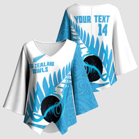 New Zealand Lawn Bowls Prostate Cancer Custom Kimono Sleeve Blouse Aotearoa Maori Silver Fern Blue Ribbon - Polynesian Pride