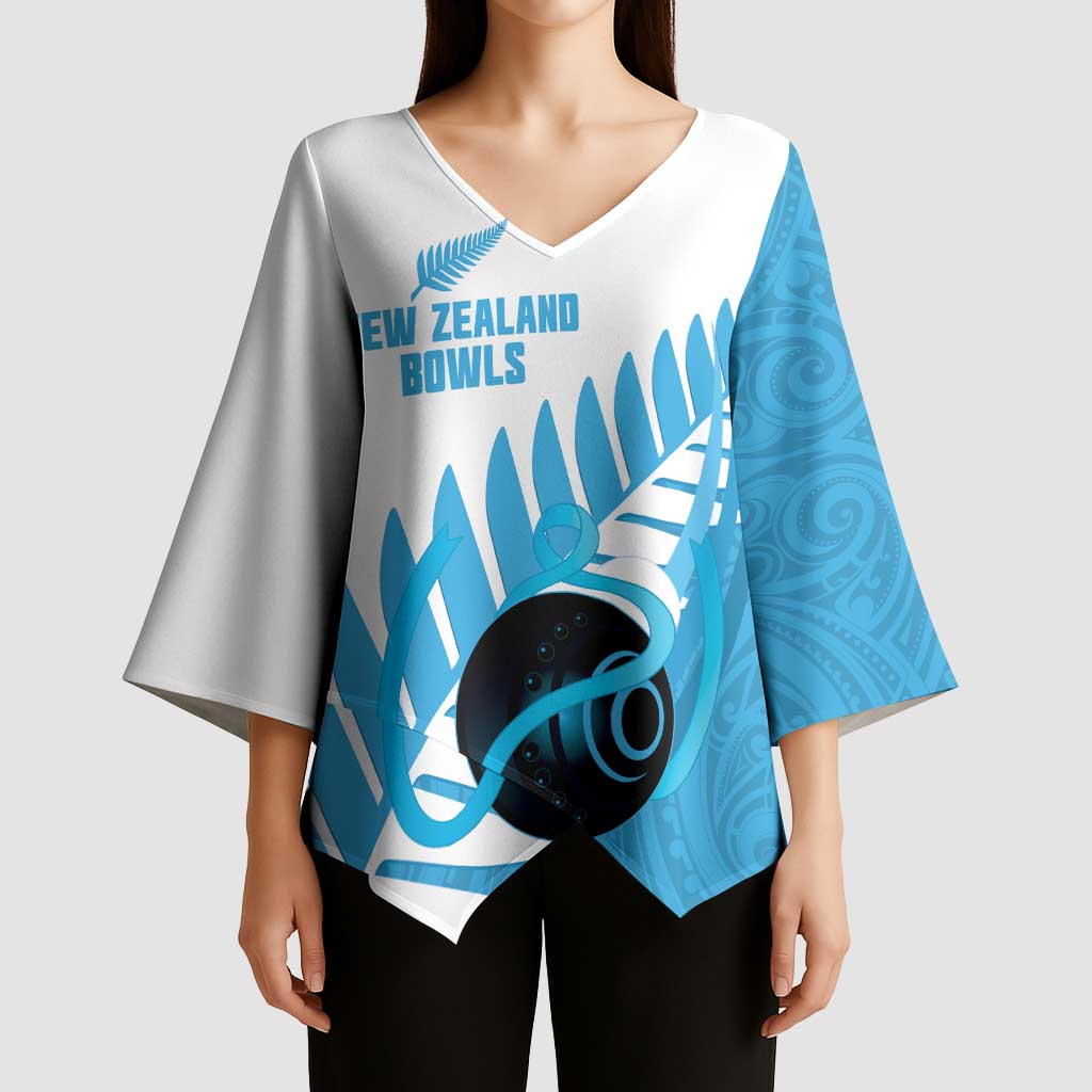 New Zealand Lawn Bowls Prostate Cancer Custom Kimono Sleeve Blouse Aotearoa Maori Silver Fern Blue Ribbon - Polynesian Pride
