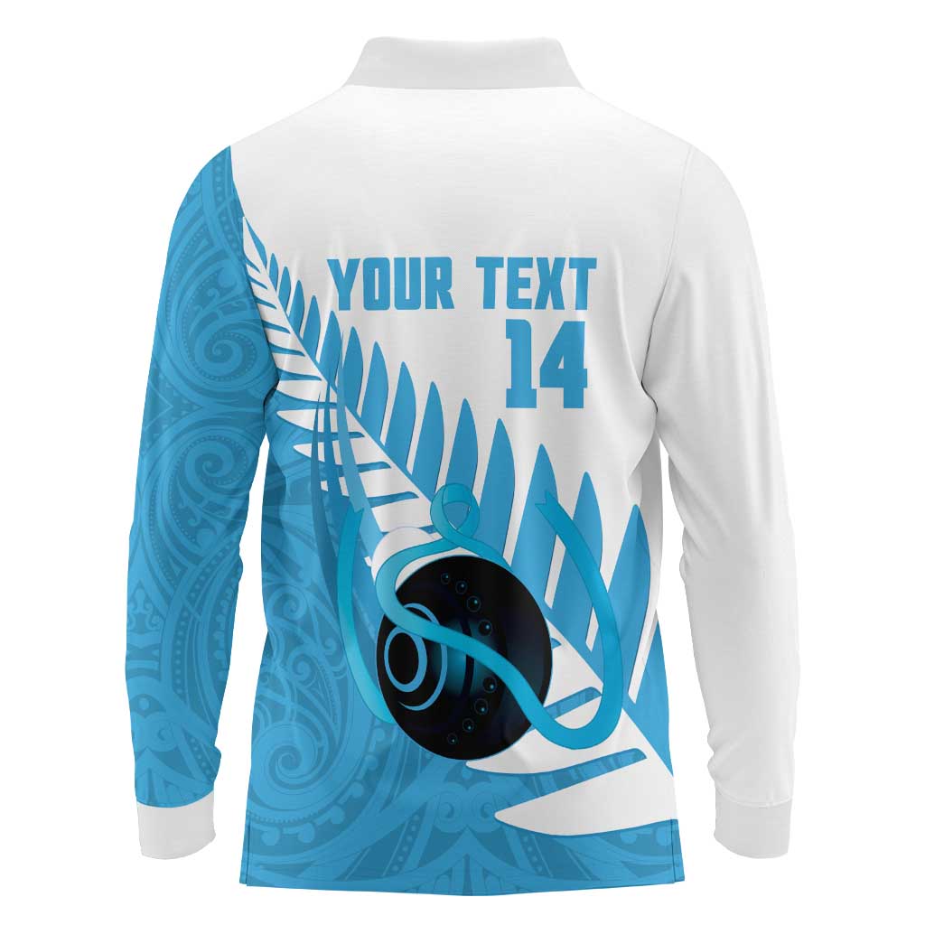 New Zealand Lawn Bowls Prostate Cancer Custom Long Sleeve Polo Shirt Aotearoa Maori Silver Fern Blue Ribbon - Polynesian Pride