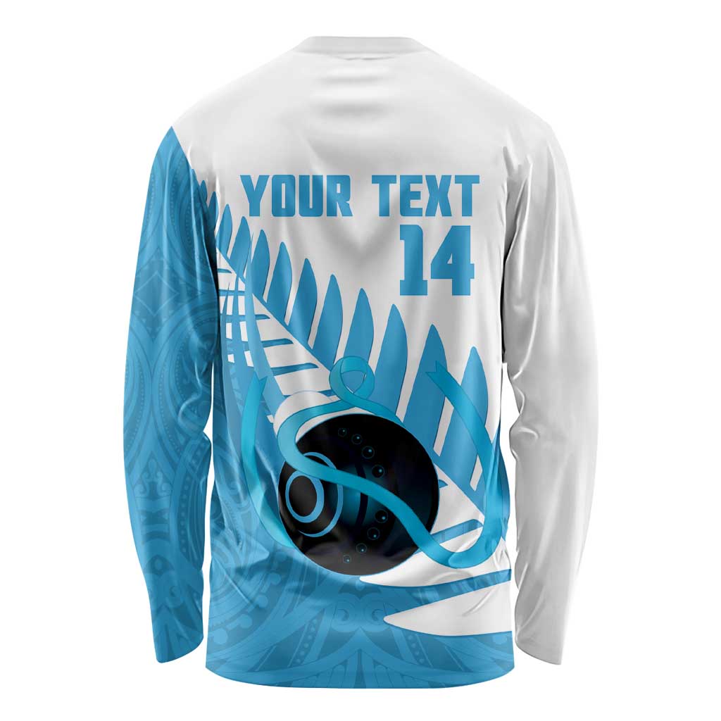 New Zealand Lawn Bowls Prostate Cancer Custom Long Sleeve Shirt Aotearoa Maori Silver Fern Blue Ribbon - Polynesian Pride