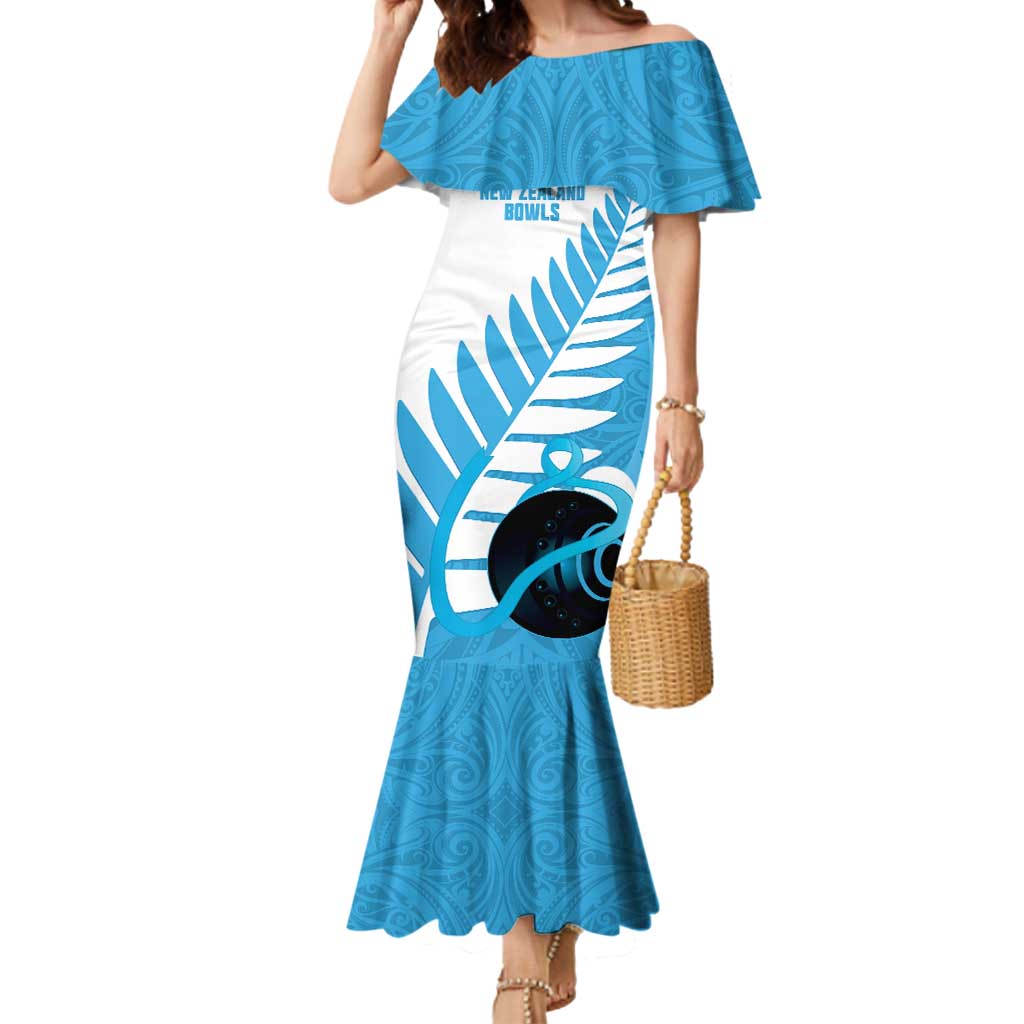 New Zealand Lawn Bowls Prostate Cancer Custom Mermaid Dress Aotearoa Maori Silver Fern Blue Ribbon - Polynesian Pride