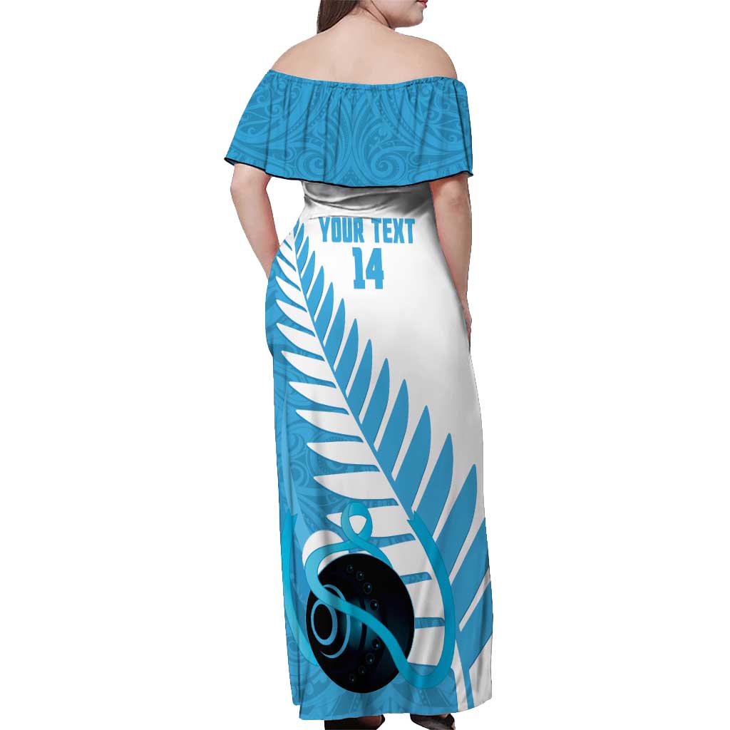 New Zealand Lawn Bowls Prostate Cancer Custom Off Shoulder Maxi Dress Aotearoa Maori Silver Fern Blue Ribbon - Polynesian Pride