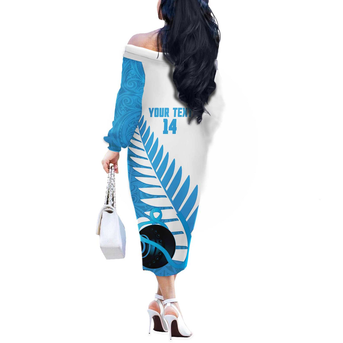 New Zealand Lawn Bowls Prostate Cancer Custom Off The Shoulder Long Sleeve Dress Aotearoa Maori Silver Fern Blue Ribbon - Polynesian Pride