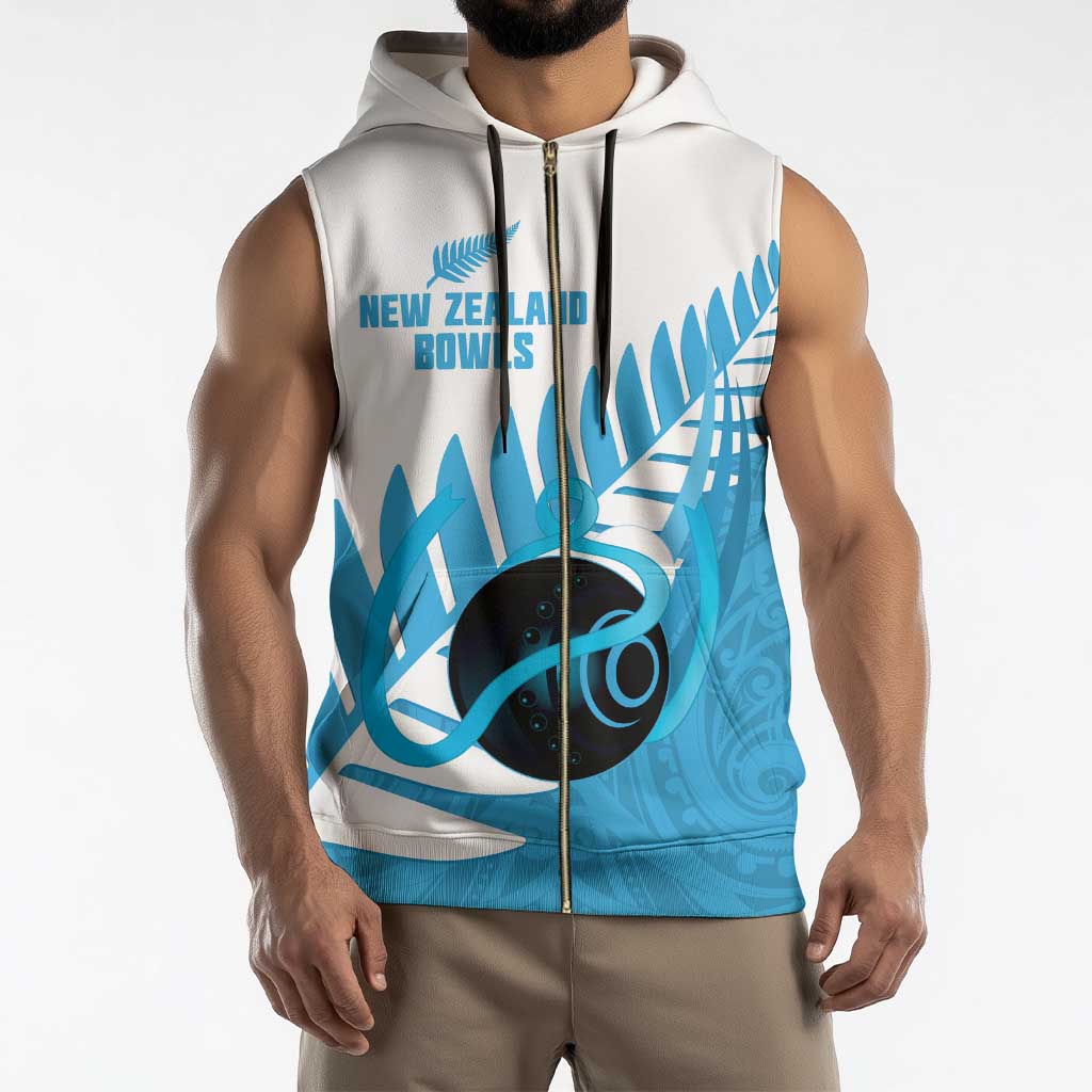 New Zealand Lawn Bowls Prostate Cancer Custom Sleeveless Zip Hoodie Aotearoa Maori Silver Fern Blue Ribbon - Polynesian Pride