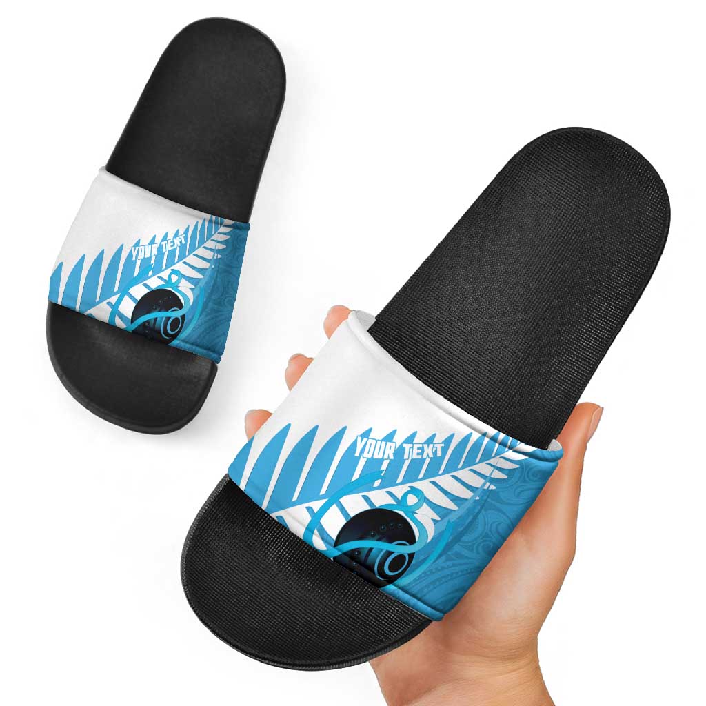 New Zealand Lawn Bowls Prostate Cancer Custom Slide Sandals Aotearoa Maori Silver Fern Blue Ribbon - Polynesian Pride