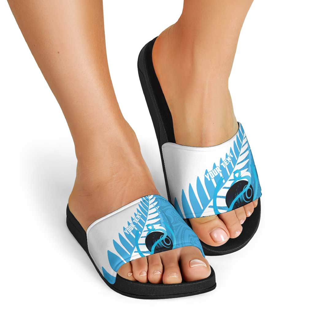 New Zealand Lawn Bowls Prostate Cancer Custom Slide Sandals Aotearoa Maori Silver Fern Blue Ribbon - Polynesian Pride