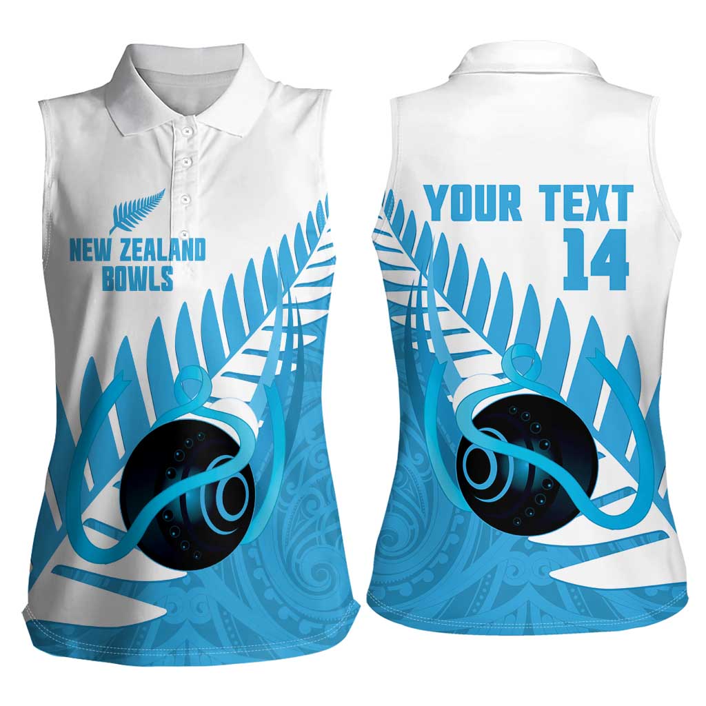 New Zealand Lawn Bowls Prostate Cancer Custom Women Sleeveless Polo Shirt Aotearoa Maori Silver Fern Blue Ribbon - Polynesian Pride