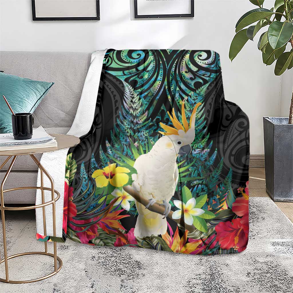 Sulphur-crested Cockatoo New Zealand Blanket Paua Shell Aotearoa Maori Tropical Flowers - Polynesian Pride