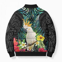 Sulphur-crested Cockatoo New Zealand Bomber Puffer Jacket Paua Shell Aotearoa Maori Tropical Flowers - Polynesian Pride