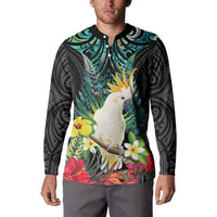 Sulphur-crested Cockatoo New Zealand Button Sweatshirt Paua Shell Aotearoa Maori Tropical Flowers - Polynesian Pride