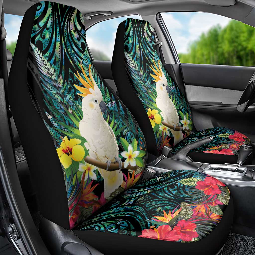 Sulphur-crested Cockatoo New Zealand Car Seat Cover Paua Shell Aotearoa Maori Tropical Flowers - Polynesian Pride