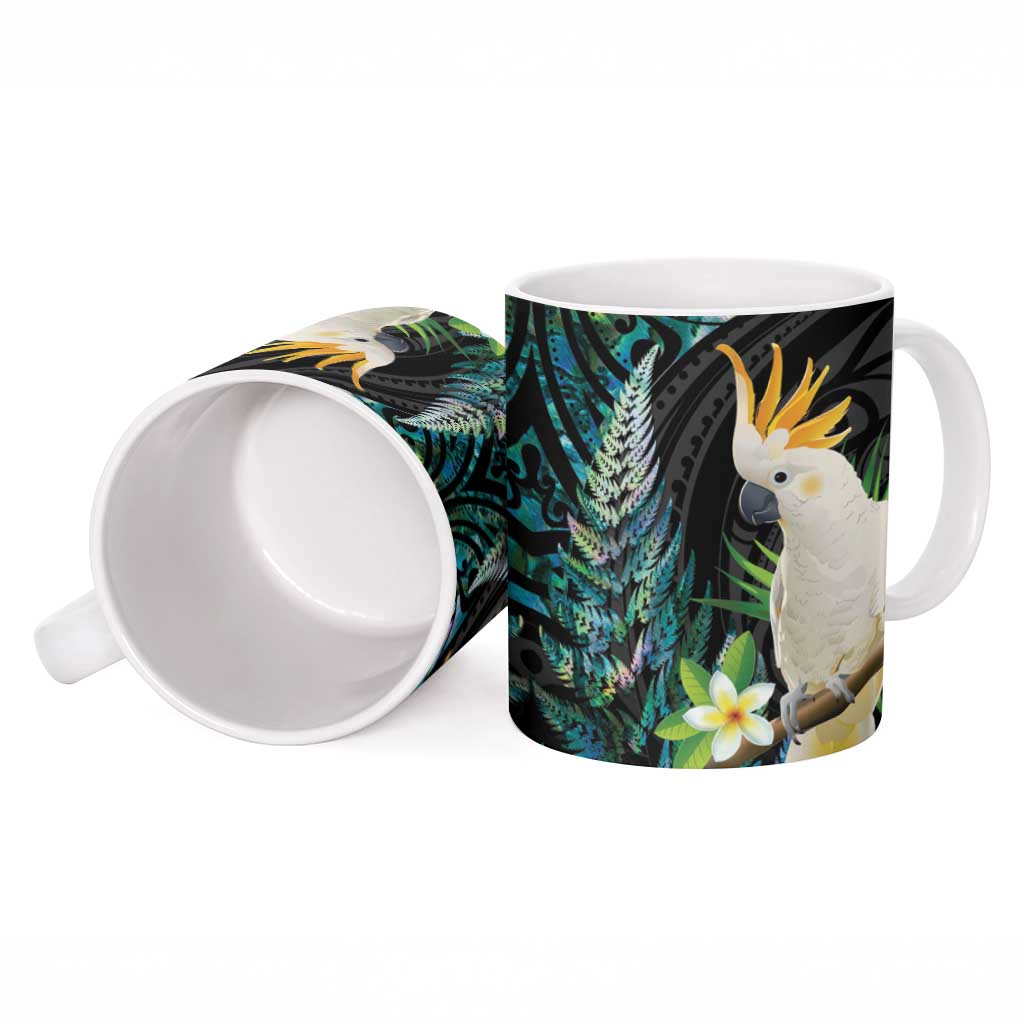 Sulphur-crested Cockatoo New Zealand Ceramic Mug Paua Shell Aotearoa Maori Tropical Flowers - Polynesian Pride