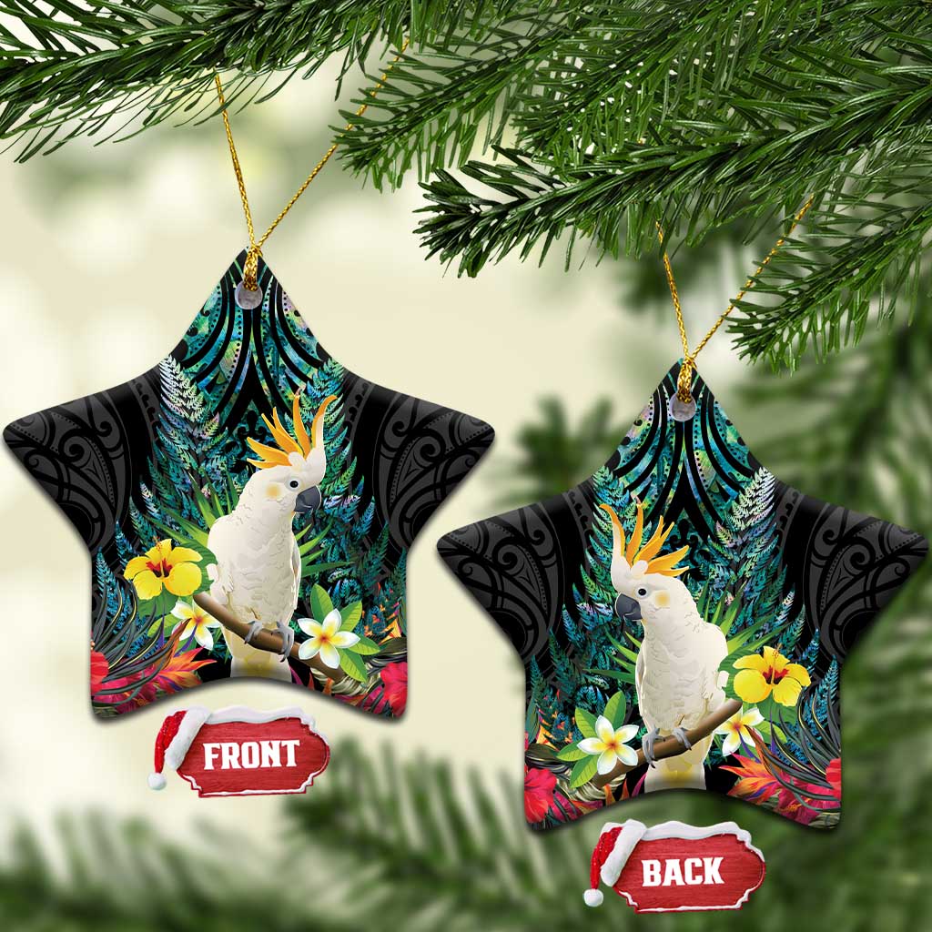 Sulphur-crested Cockatoo New Zealand Ceramic Ornament Paua Shell Aotearoa Maori Tropical Flowers - Polynesian Pride