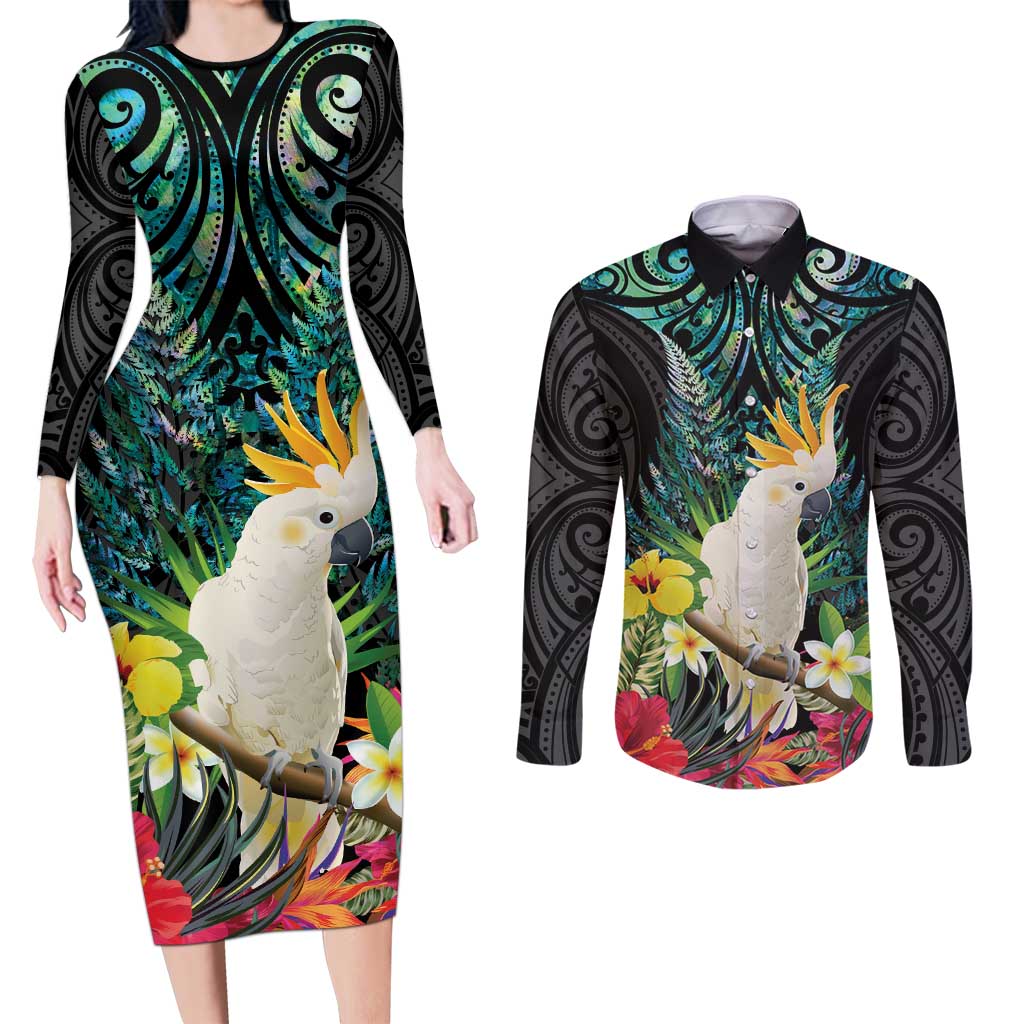 Sulphur-crested Cockatoo New Zealand Couples Matching Long Sleeve Bodycon Dress and Long Sleeve Button Shirt Paua Shell Aotearoa Maori Tropical Flowers - Polynesian Pride