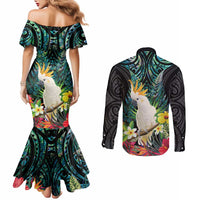 Sulphur-crested Cockatoo New Zealand Couples Matching Mermaid Dress and Long Sleeve Button Shirt Paua Shell Aotearoa Maori Tropical Flowers - Polynesian Pride