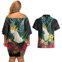 Sulphur-crested Cockatoo New Zealand Couples Matching Off Shoulder Short Dress and Hawaiian Shirt Paua Shell Aotearoa Maori Tropical Flowers - Polynesian Pride