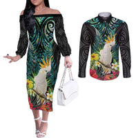 Sulphur-crested Cockatoo New Zealand Couples Matching Off The Shoulder Long Sleeve Dress and Long Sleeve Button Shirt Paua Shell Aotearoa Maori Tropical Flowers - Polynesian Pride