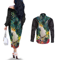 Sulphur-crested Cockatoo New Zealand Couples Matching Off The Shoulder Long Sleeve Dress and Long Sleeve Button Shirt Paua Shell Aotearoa Maori Tropical Flowers - Polynesian Pride