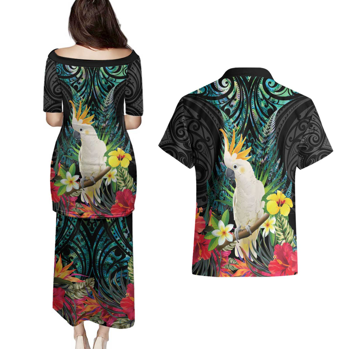 Sulphur-crested Cockatoo New Zealand Couples Matching Puletasi and Hawaiian Shirt Paua Shell Aotearoa Maori Tropical Flowers - Polynesian Pride