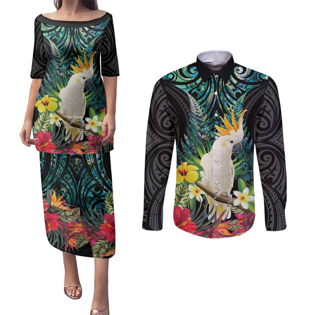 Sulphur-crested Cockatoo New Zealand Couples Matching Puletasi and Long Sleeve Button Shirt Paua Shell Aotearoa Maori Tropical Flowers - Polynesian Pride