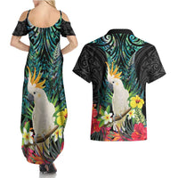 Sulphur-crested Cockatoo New Zealand Couples Matching Summer Maxi Dress and Hawaiian Shirt Paua Shell Aotearoa Maori Tropical Flowers - Polynesian Pride